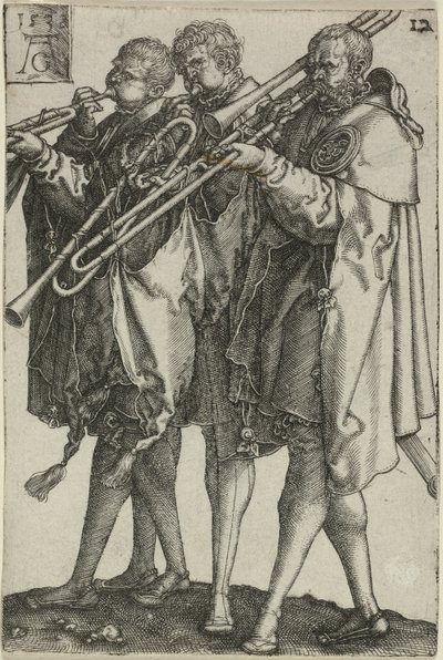 Tři trombonisté, deska dvanáct z The Large Wedding-Dancers od Heinrich Aldegrever