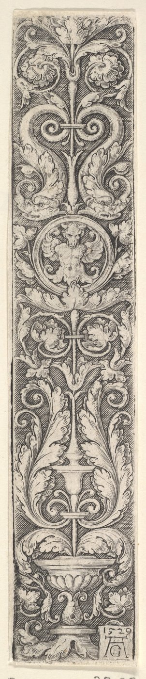 Vertikální panel s kandelábrem obsahujícím medailon s kentaurem a párem Dolp..., 1529. od Heinrich Aldegrever