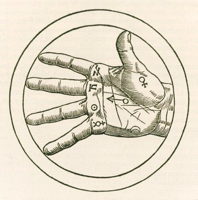 Rytina Hand of Palmistry od Heinricha Cornelia Agrippy von Nettesheim (1486-1535) De occulta philosophia libri tres (Tři knihy okultní filozofie) vydané v roce 1533. od Heinrich Cornelius Agrippa von Nettesheim