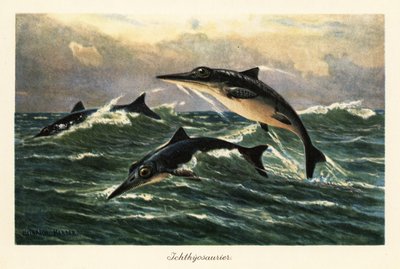 Vyhynulí ichtyosauři skákající nad oceánem. od Heinrich Harder