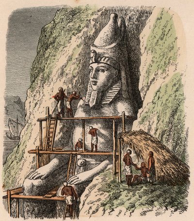 Starověký Egypt: Řezba sochy chrámu v Abú Simbelu, 1866 od Heinrich Leutemann