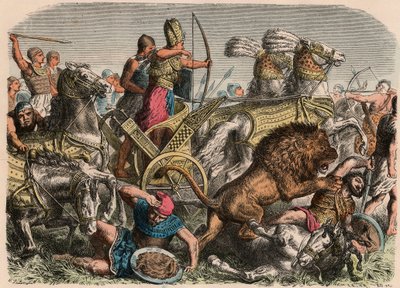 Starověký Egypt: Faraon Ramses II bojující proti válečným lvům chetitské armády v Qadesh, 1274 př.nl, 1866 od Heinrich Leutemann