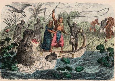 Starověký Egypt: Faraon lovící hrocha, 1866 od Heinrich Leutemann