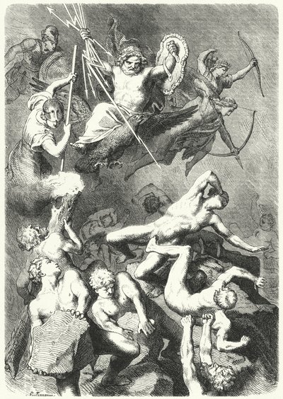 Bitva mezi starověkými řeckými bohy a titány (rytina) od Heinrich Leutemann