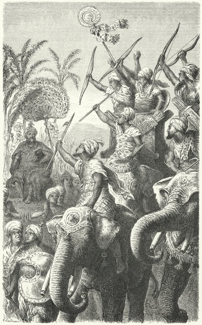 Porus, král Pauravas, hodnotí své válečné slony (rytina) od Heinrich Leutemann