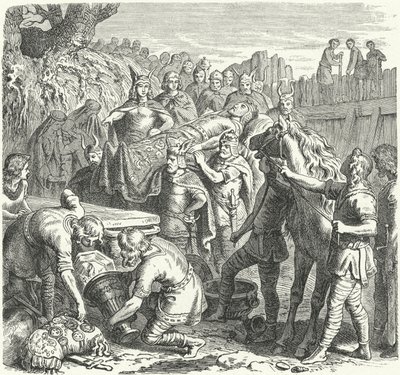 Pohřeb Alarica I., krále Vizigótů, v korytě řeky Busento, 410 (rytina) od Heinrich Leutemann