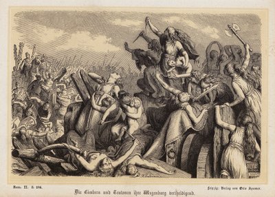 Ženy Cimbrů a Teutonů bránící svůj vlak se zavazadly před Římany (rytina) od Heinrich Leutemann