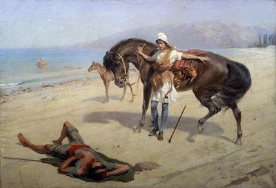 Amazon (Amazon). Amazonka objeví na břehu spícího námořníka. Obraz Heinricha Genricha Matvejeviče Manisera (1847-1925), olej na plátně. Ruské umění 20. století. Regionální muzeum umění M. Vrubela, Omsk (Rusko) od Heinrich Matvejevich Maniser