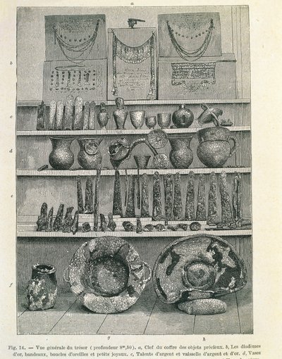 Takzvaný Priamův poklad objevený archeologem Heinrichem Schliemannem (1822-1890), tisk od Heinrich Schliemann