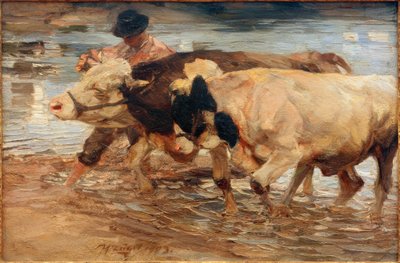 Farmhand s krávou a volem od Heinrich von Zügel