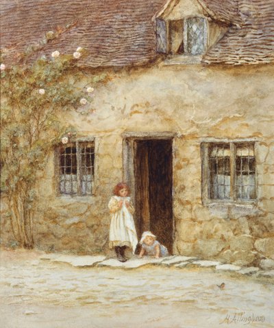 U dveří chalupy (akvarel s vyškrabáváním) od Helen Allingham