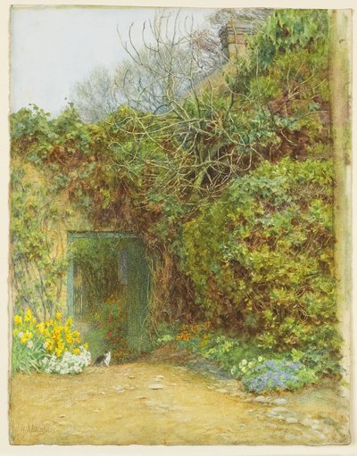 The Dairy Door, Farringford, Lord Tennysons Home, cca 1890 (wc, arabská guma a vyškrabování na tkaný papír) od Helen Allingham