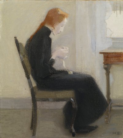 Dívčí háčkování - Dívčí háčkování, od Schjerfbecka, Helene (1862-1946). olej na plátně od Helene Schjerfbeck