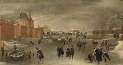 Bruslaři, kolfisté a sáňky na zamrzlé řece poblíž městské brány St. Janspoort, s Kruispoortem v pozadí a Růžovým mlýnem za ním, Haarlem (olej na panelu) od Hendrick Avercamp (studio of)