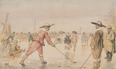 Zimní scéna se dvěma gentlemany hrajícími na kolovrátek od Hendrick Avercamp