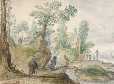 Zalesněná říční krajina s kostelem a postavami, ca. 1613. od Hendrick Avercamp