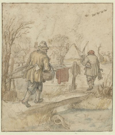 Návrat lovců kachen / verso: Náčrtky lodí a muže v zimním oblečení od Hendrick Avercamp