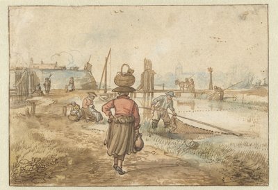 Říční krajina se ženou nesoucí košík na hlavě, rybáři a dalšími postavami poblíž hradeb města od Hendrick Avercamp
