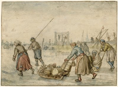 Zimní krajina se dvěma ženami a saněmi a dalšími postavami na ledě, šibenice v dálce od Hendrick Avercamp