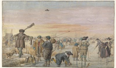 Zimní scéna na ledě s lovcem ukazujícím vydru od Hendrick Avercamp