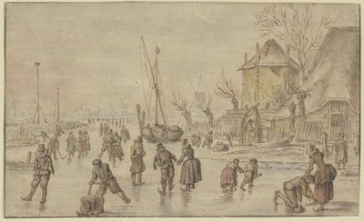 Zimní krajina, na ledě je spousta bruslařů, vpravo muž zapíná ženě brusle od Hendrick Avercamp