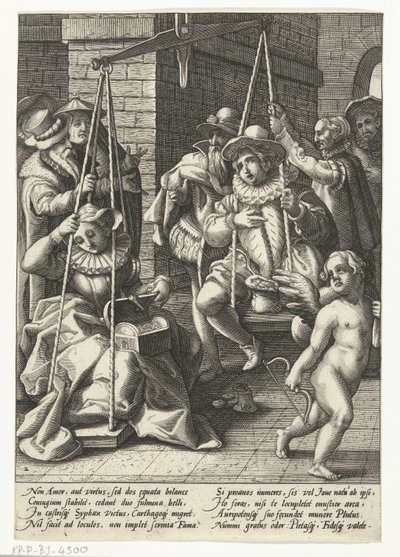 Manželské váhy Peníze jsou ta pravá láska Svatební měřítko Přísloví podle Karla van Mandera (název série) od Hendrick Goltzius (attributed to workshop of)
