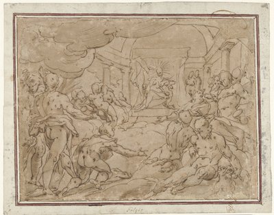 Phaeton žádá Apolla o sluneční vůz od Hendrick Goltzius (school of)