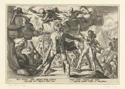 Útok obrů na svět bohů Ovidiovy metamorfózy (název série) od Hendrick Goltzius (workshop of)