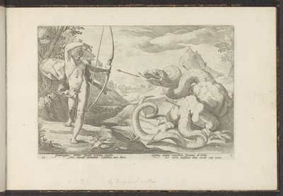 Apollo zabije obřího hada Pythona Ovidiovy metamorfózy (název série) Re-creations P. Ovidius Naso (název série) od Hendrick Goltzius (workshop of)
