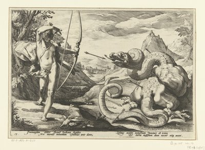 Apollo zabije obřího hada Pythona Ovidiovy metamorfózy (název série) od Hendrick Goltzius (workshop of)
