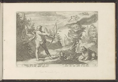 Arcas míří svým šípem na Callisto Ovidiovy metamorfózy (název série) Re-creations P. Ovidius Naso (název série) od Hendrick Goltzius (workshop of)