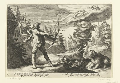 Arcas míří svým šípem na Callisto Ovidiovy metamorfózy (název série) od Hendrick Goltzius (workshop of)