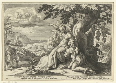 Clymene přiřadí Phaethonovi jeho otce, boha Slunce Ovidiovy metamorfózy (název série) od Hendrick Goltzius (workshop of)