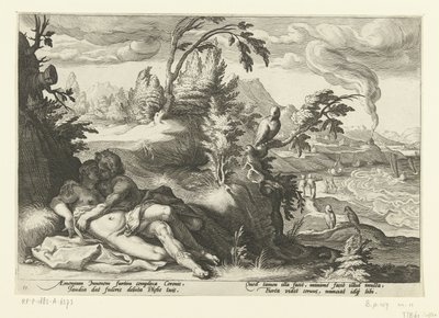 Corvus chytí dívku Coronis Ovidiovy metamorfózy (název série) od Hendrick Goltzius (workshop of)