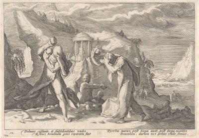 Deucalion a Pyrrha vytvářejí novou lidskou rasu Metamorfózy Ovidia (název série) od Hendrick Goltzius (workshop of)