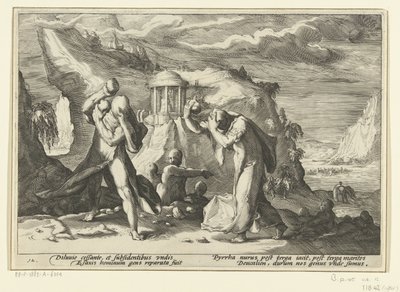 Deucalion a Pyrrha vytvářejí novou lidskou rasu Ovidiovy metamorfózy (název série) od Hendrick Goltzius (workshop of)