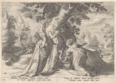 Dcery Cecrops otevírají košík Minervy Metamorfózy Ovidia (název série) od Hendrick Goltzius (workshop of)