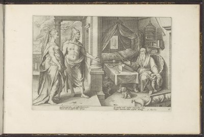 Juno a Jupiter žádají Tiresiase o radu Ovidiovy metamorfózy (název série) Re-creations P. Ovidius Naso (název série) od Hendrick Goltzius (workshop of)