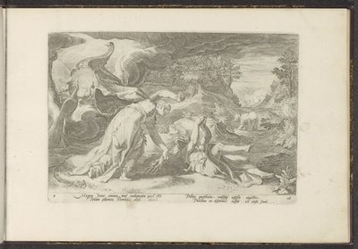 Juno promění Callisto v medvěda Ovidiovy metamorfózy (název série) Re-creations P. Ovidius Naso (název série) od Hendrick Goltzius (workshop of)
