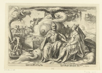 Jupiter a Juno diskutují o tom, které z pohlaví má větší touhu po lásce Ovidiovy metamorfózy (název série) od Hendrick Goltzius (workshop of)