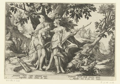 Jupiter svádí Callisto v převleku Diany Ovidiovy metamorfózy (název série) od Hendrick Goltzius (workshop of)