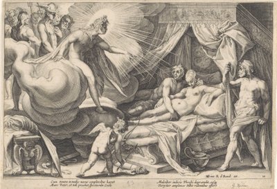 Mars a Venuše překvapeni Apollem Metamorfózy Ovidia (název série) od Hendrick Goltzius (workshop of)