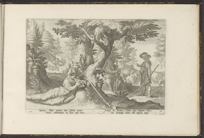 Merkur a Battus Ovidiův Metamorfosen (název série) Herscheppingen van P. Ovidius Naso (název série) od Hendrick Goltzius (workshop of)