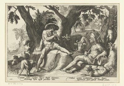 Mercury hraje na flétnu pro Argus Ovidiovy metamorfózy (název série) od Hendrick Goltzius (workshop of)