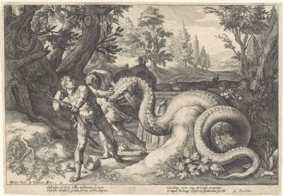 Kadmovi společníci pohlcení drakem Metamorfózy Ovidia (název série) od Hendrick Goltzius (workshop of)