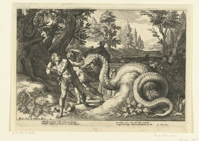 Kadmovi společníci pohlcení drakem Ovidiovy metamorfózy (název série) od Hendrick Goltzius (workshop of)