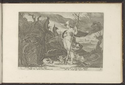 Minerva žádá Envy, aby v Aglauros roznítila žárlivost Ovidiovy metamorfózy (název série) Re-creations P. Ovidius Naso (název série) od Hendrick Goltzius (workshop of)