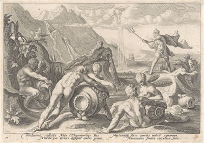 Neptun přikazuje říčním bohům způsobit potopu Metamorfózy Ovidia (název série) od Hendrick Goltzius (workshop of)