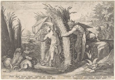 Pan en Syrigs Transfigured Van Ovid (název série) od Hendrick Goltzius (workshop of)