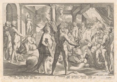 Phaëthon se ptá Apolla, jestli může jet ve svém voze Metamorfózy Ovidia (název série) od Hendrick Goltzius (workshop of)